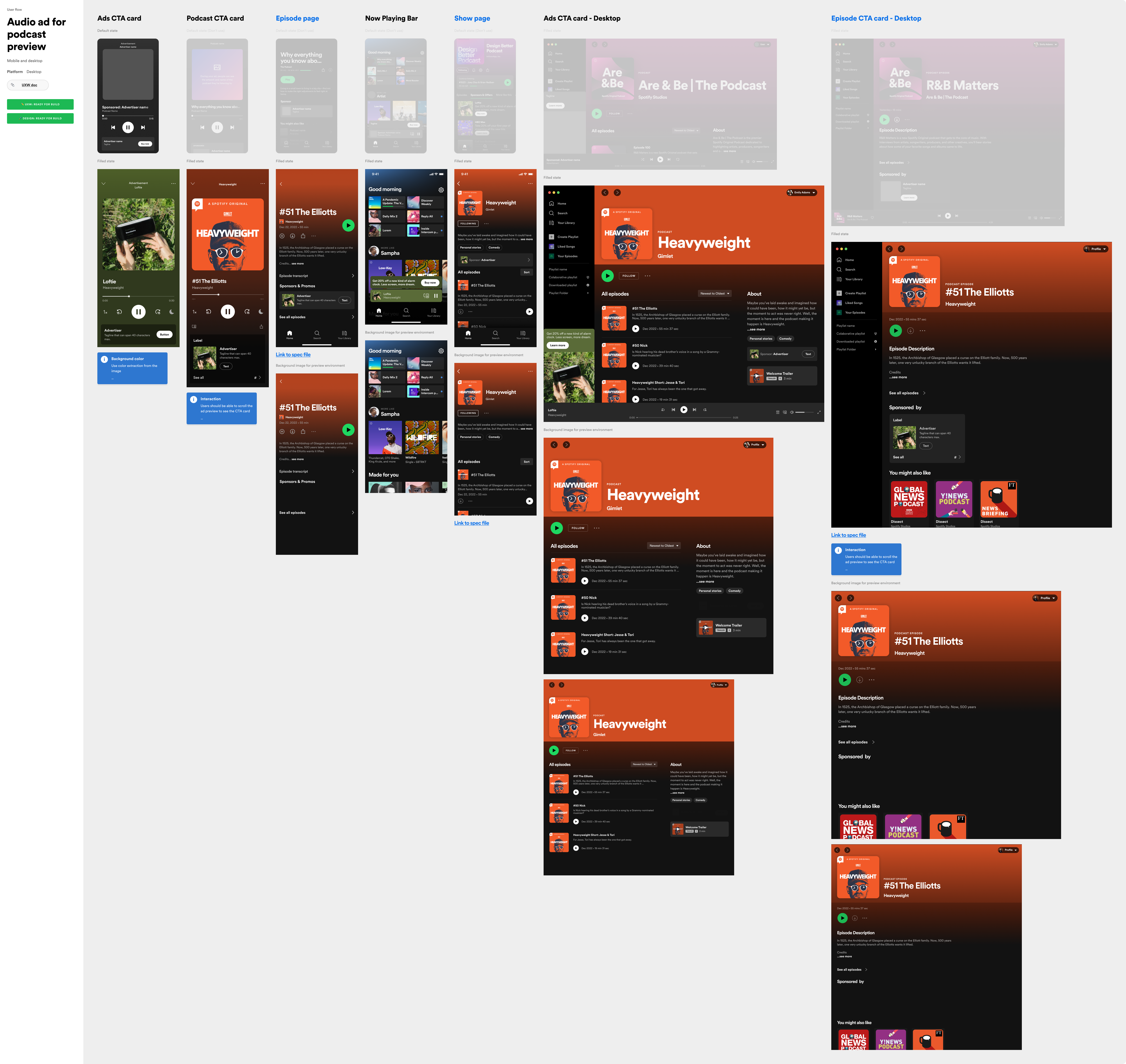 Podcast audio ad preview designs — CTA cards, episode pages, show pages, and Now Playing across mobile and desktop